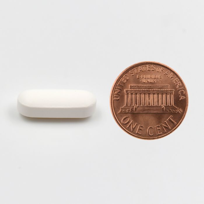 Copper penny and white rectangular object on a light gray background