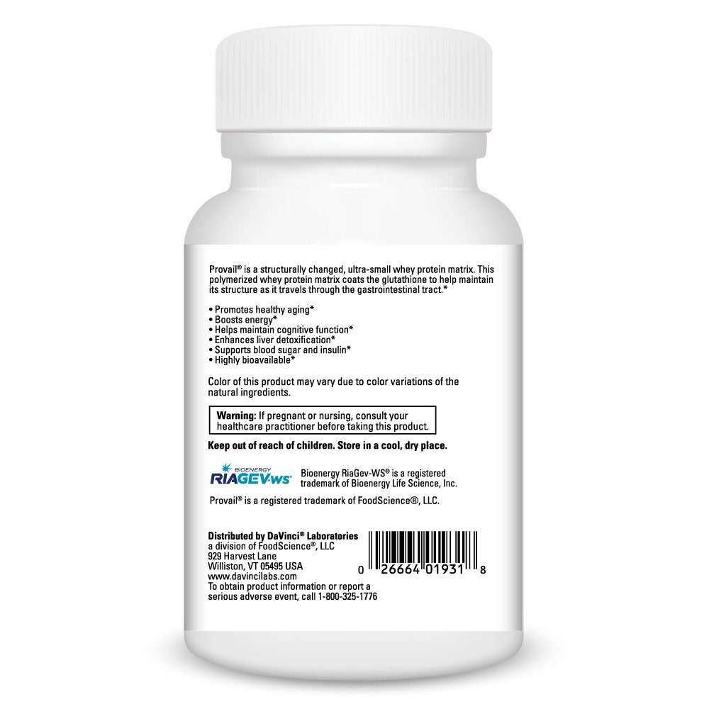 Product information on a bottle of Davinci Labs NAD+Activate with glutathione