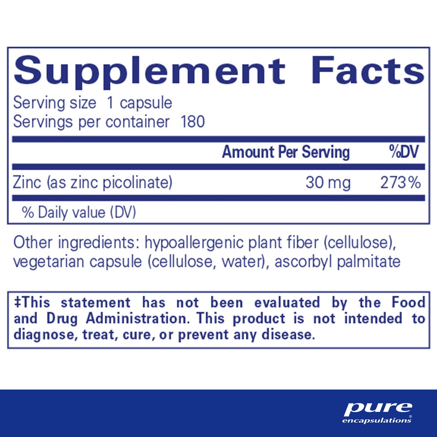 Supplement facts for a bottle of Pure Encapsulations Zinc 30 dietary supplement
