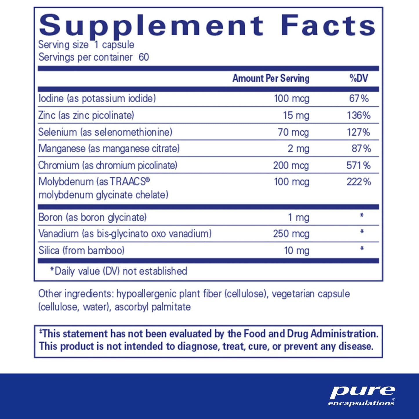 Supplement facts and ingredient information for a bottle of Pure Encapsulations Trace Minerals dietary supplement