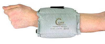 A greenish gray EconoCuff ankle and wrist weight with a black strap and the brand label visible.