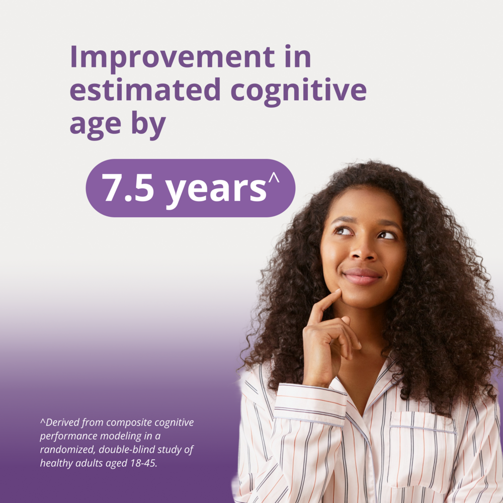 Woman with thoughtful expression on a purple background with text about cognitive improvement.