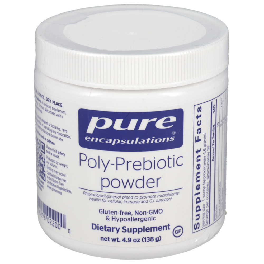 Jar of pure encapsulations Poly-Prebiotic powder on a white background
