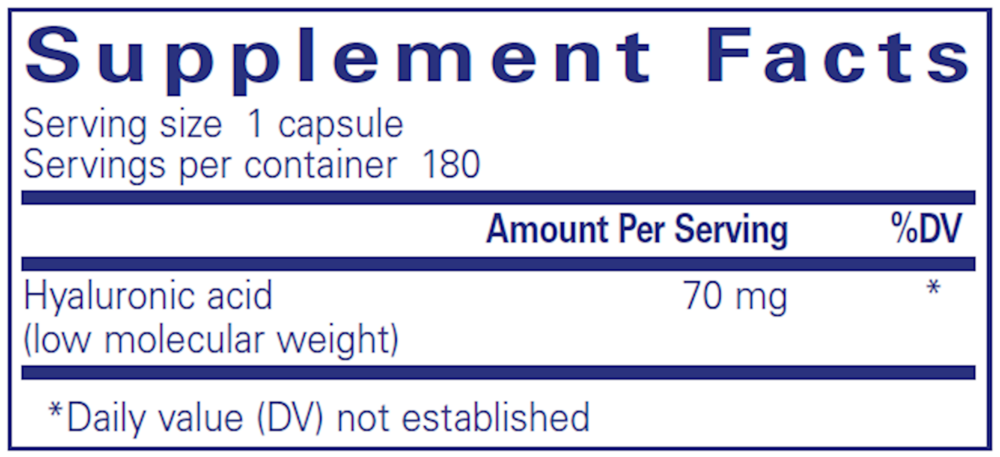 Supplement facts label for a capsule with hyaluronic acid content.