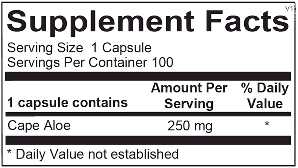 Supplement facts label for a product containing Cape Aloe with serving size and container details.