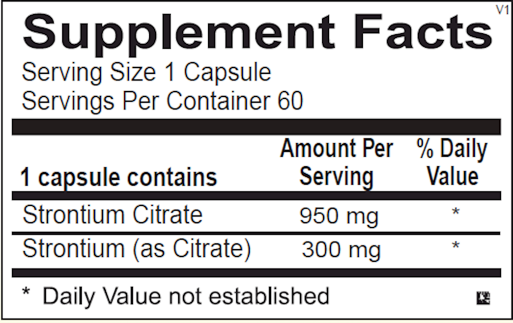 Supplement facts label for Strontium Citrate capsules with serving size and container information.