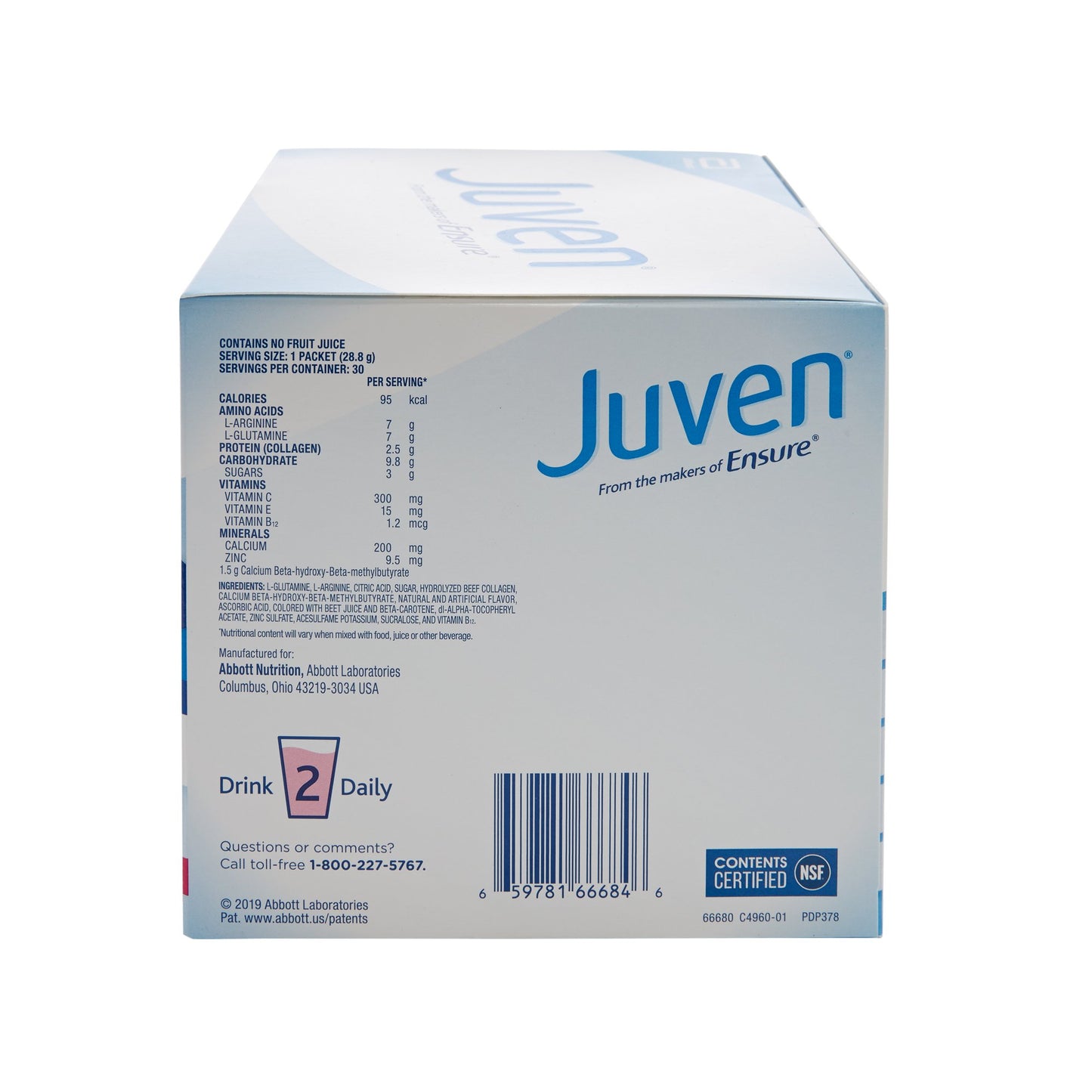 A picture of the side of the Juven box that contains ingredients per serving.