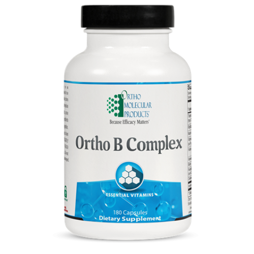 A white bottle with a blue label displaying 'Ortho B Complex' and indicating it's a dietary supplement with 180 capsules.