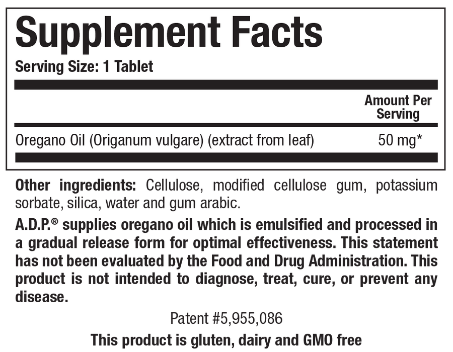 Supplement facts label for oregano oil extract on a white background