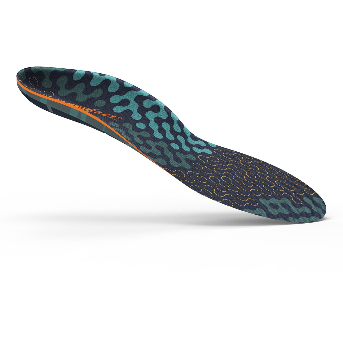 RUN Max insoles showing the insole itself with a color scheme of black, blue, and orange, along with product details