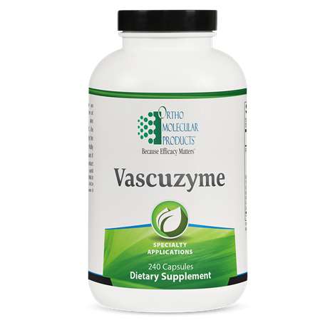 A bottle of OrthoMolecular Products Vascuzyme dietary supplement with green and white label, indicating it contains 240 capsules.