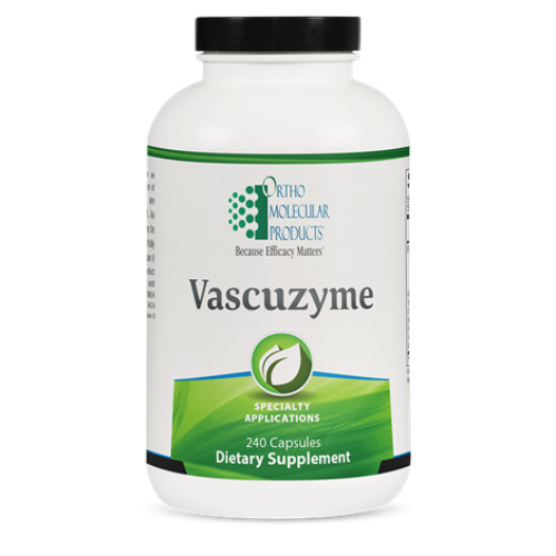 A bottle of OrthoMolecular Products Vascuzyme dietary supplement with green and white label, indicating it contains 240 capsules.