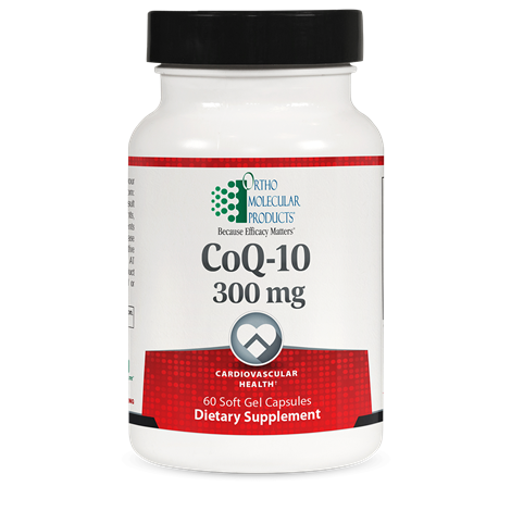A bottle of OrthoMolecular Products CoQ-10 300 MG dietary supplement containing 60 soft gel capsules.