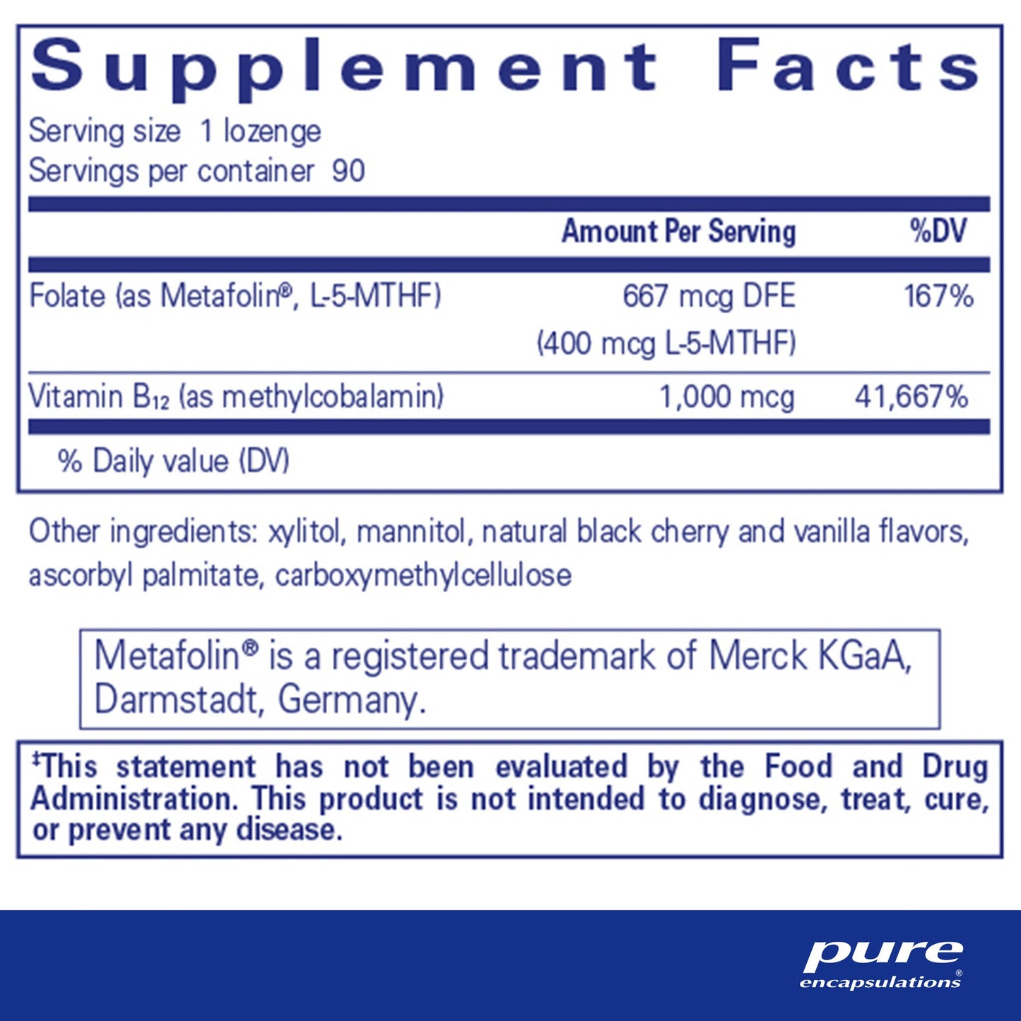 Supplement facts and ingredient information for a bottle of Pure Encapsulations PureMelt B12 Folate dietary supplement