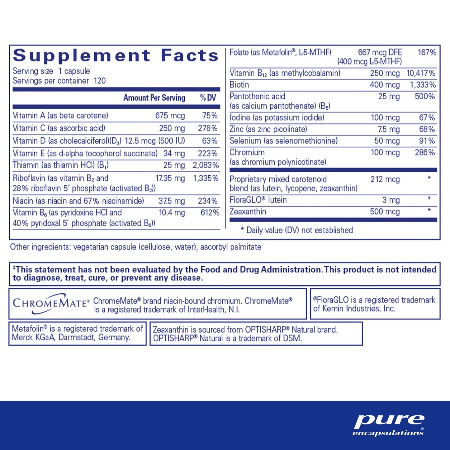 Supplement facts and ingredient information for a bottle of Pure Encapsulations Multi t/d dietary supplement.