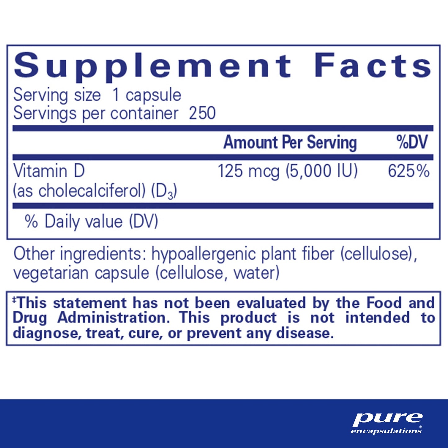 Supplement facts and ingredient information for a bottle of Pure Encapsulations Vitamin D3 supplemen