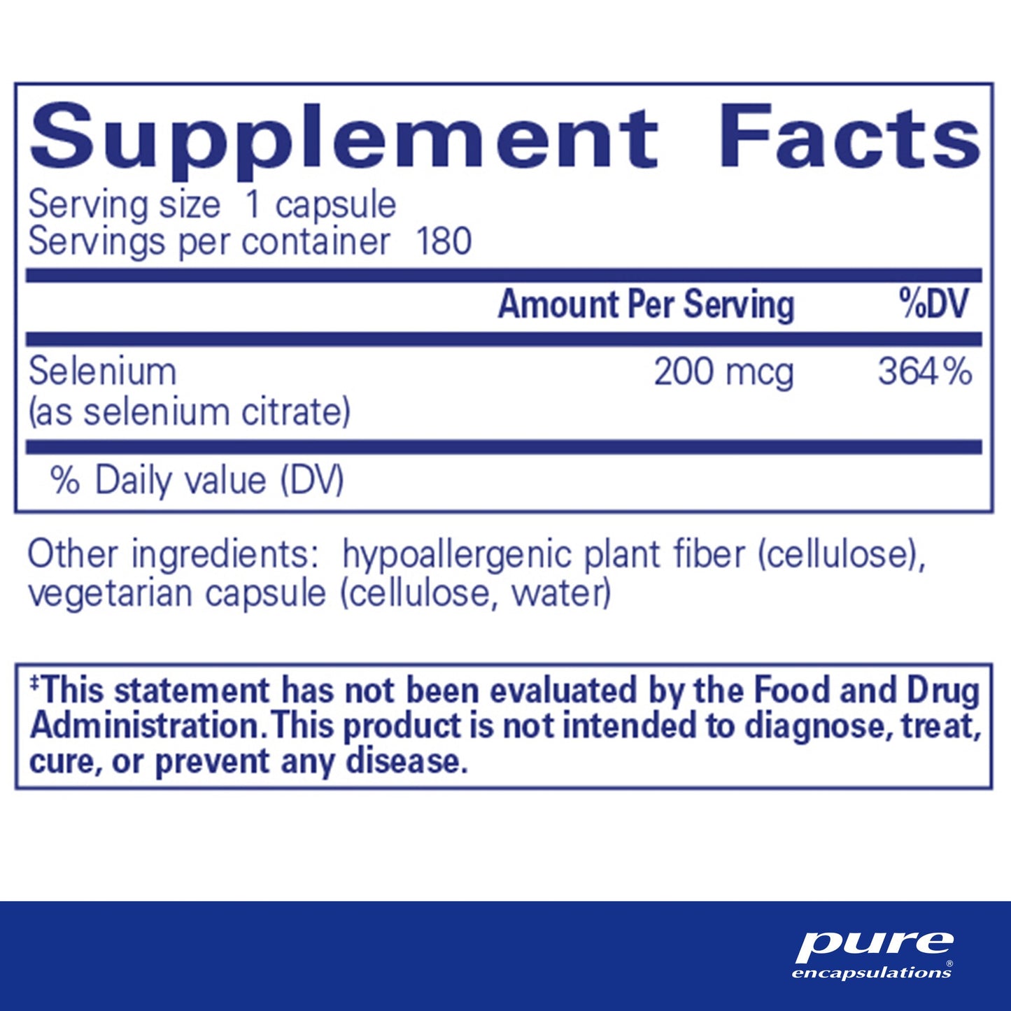 Supplement facts and ingredient information for bottle of Pure Encapsulations Selenium (citrate) dietary supplement