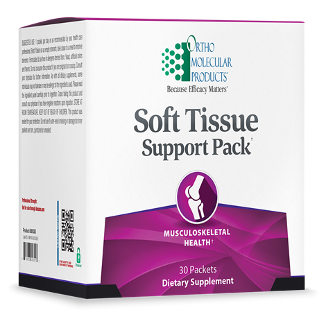 A box of Orthomolecular Products Soft Tissue Support Pack, which contains 9 packets of dietary supplements aimed at supporting musculoskeletal health.