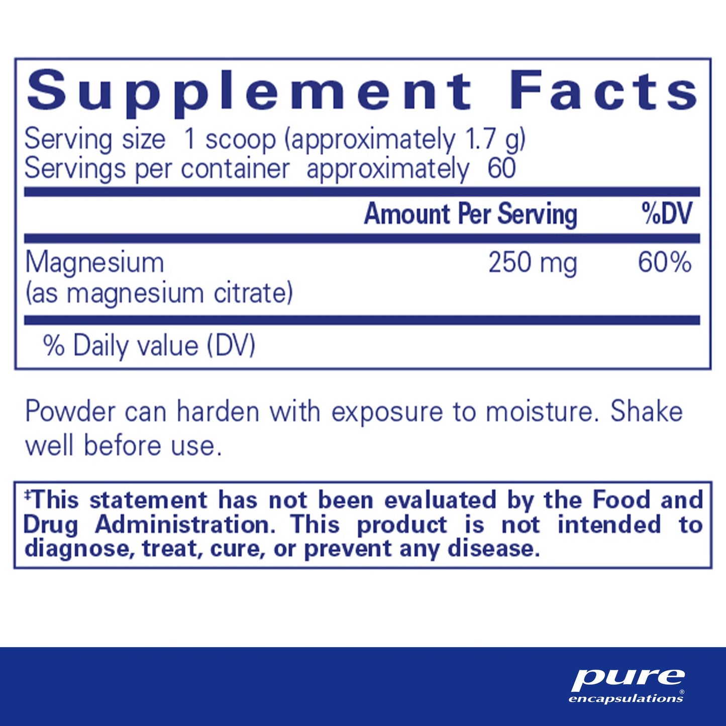 Supplement facts and ingredient information for a container of Pure Encapsulations Magnesium powder.