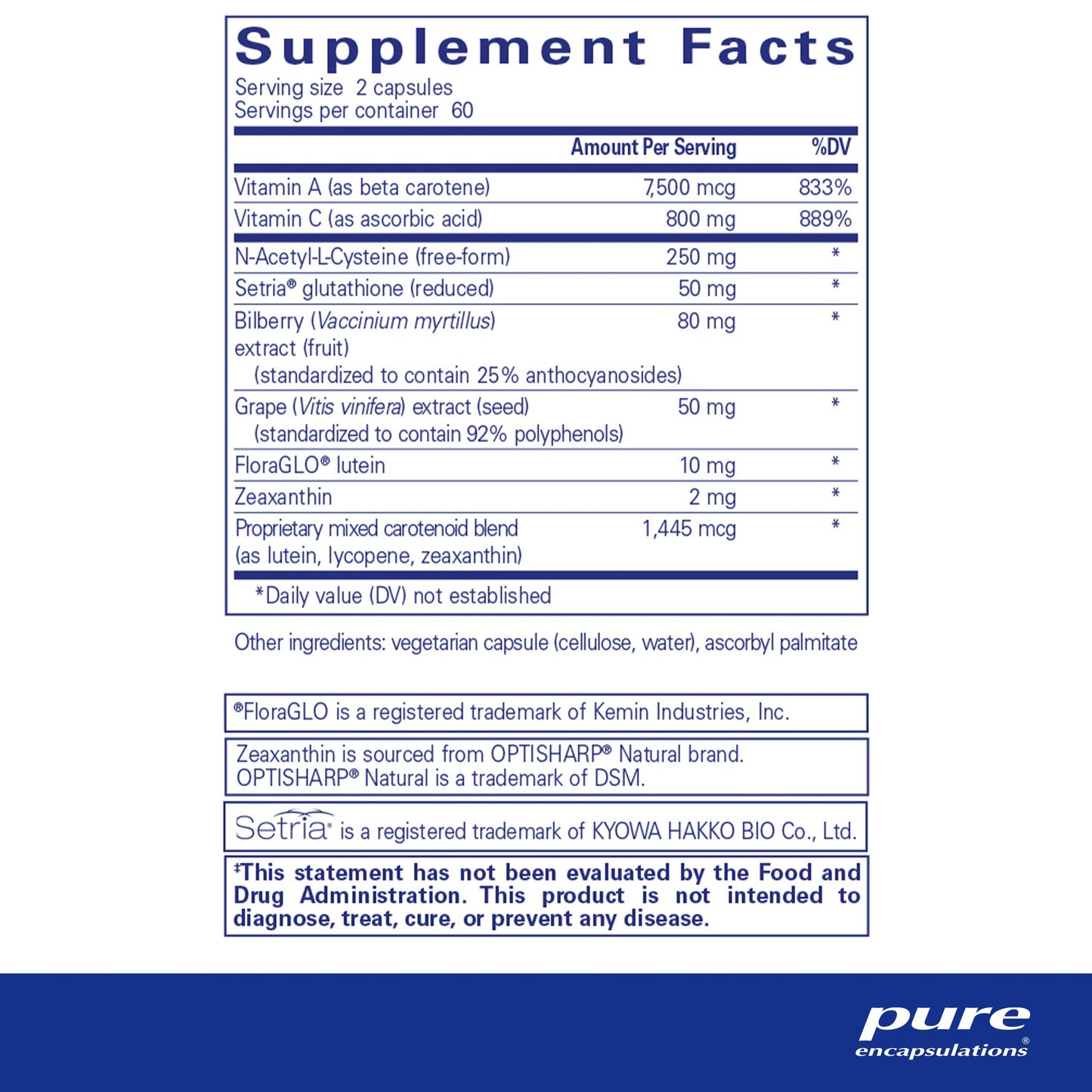 Supplement facts and ingredient information for a bottle of Pure Encapsulations Macular Support Formula dietary supplement
