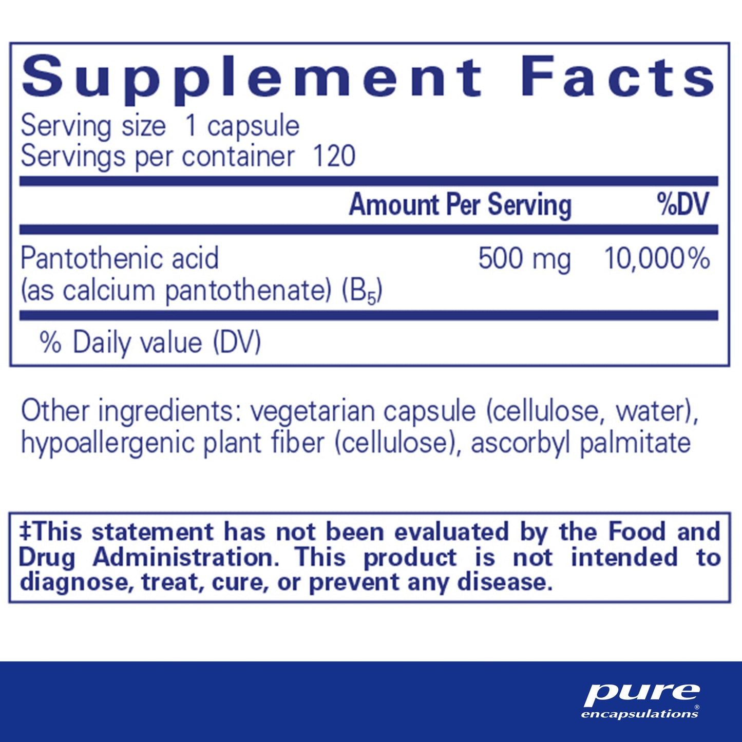 Supplement facts and ingreident information for a bottle of Pure Encapsulations Pantothenic Acid