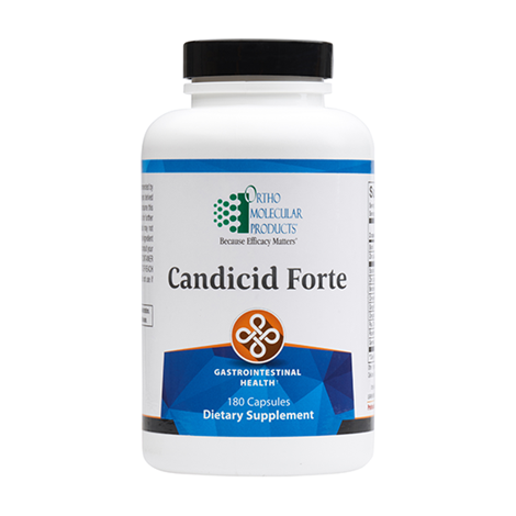 A bottle of OrthoMolecular Products Candicid Forte dietary supplement with 180 capsules, primarily for gastrointestinal health.