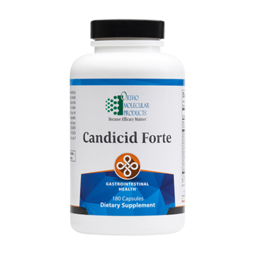 A bottle of OrthoMolecular Products Candicid Forte dietary supplement with 180 capsules, primarily for gastrointestinal health.