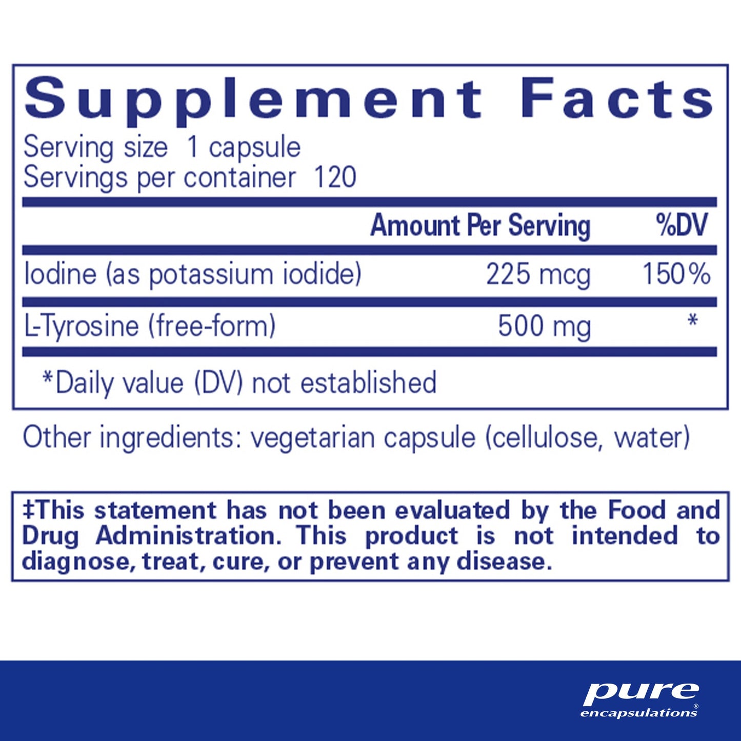 Supplement facts and ingredient information for a bottle of Pure Encapsulations Iodine and Tyrosine dietary supplement