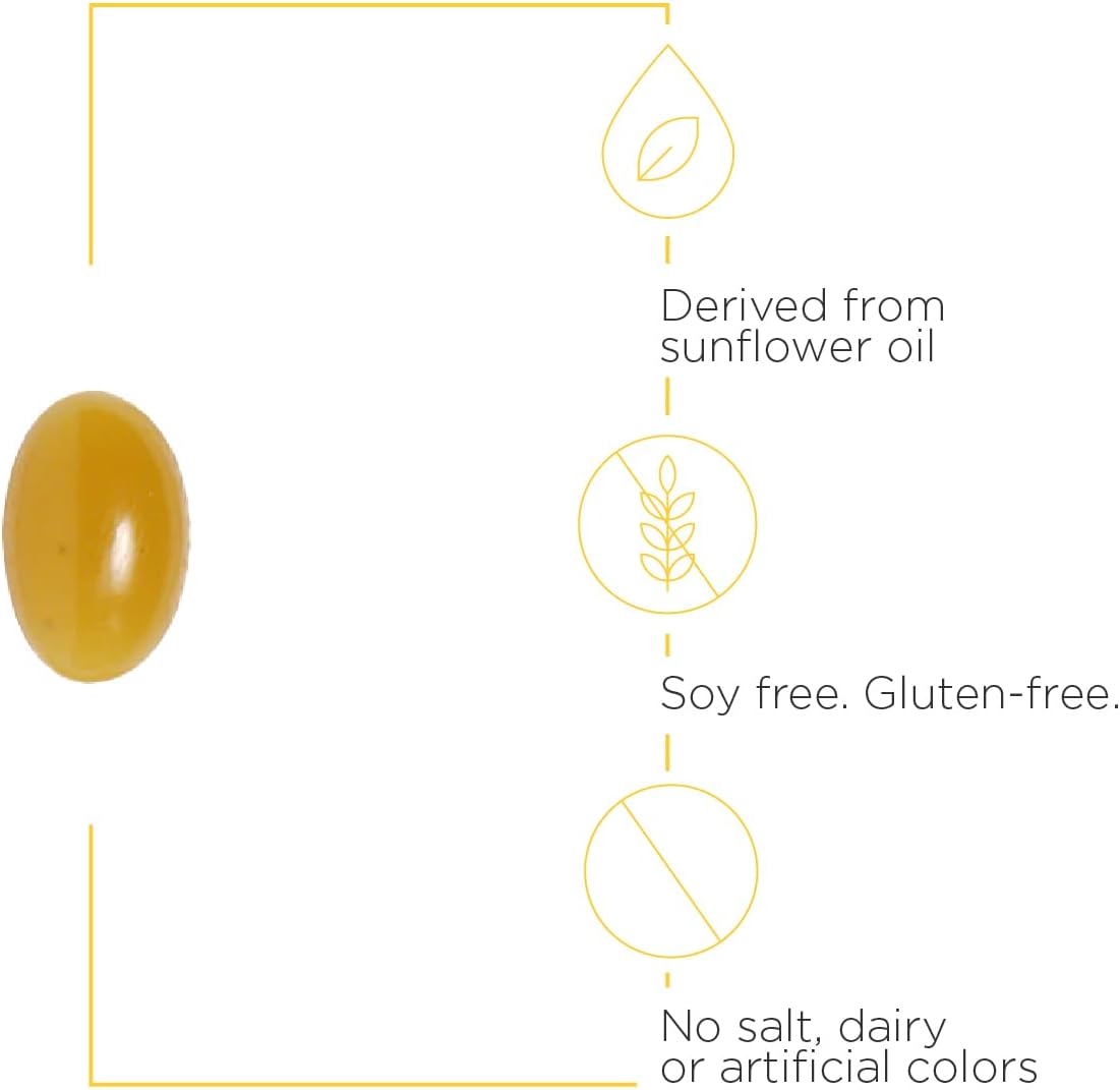A picture of a gold color softgel that is derived from sunflower oil. It is free of gluten, soy, salt, dairy, or artificial colors.