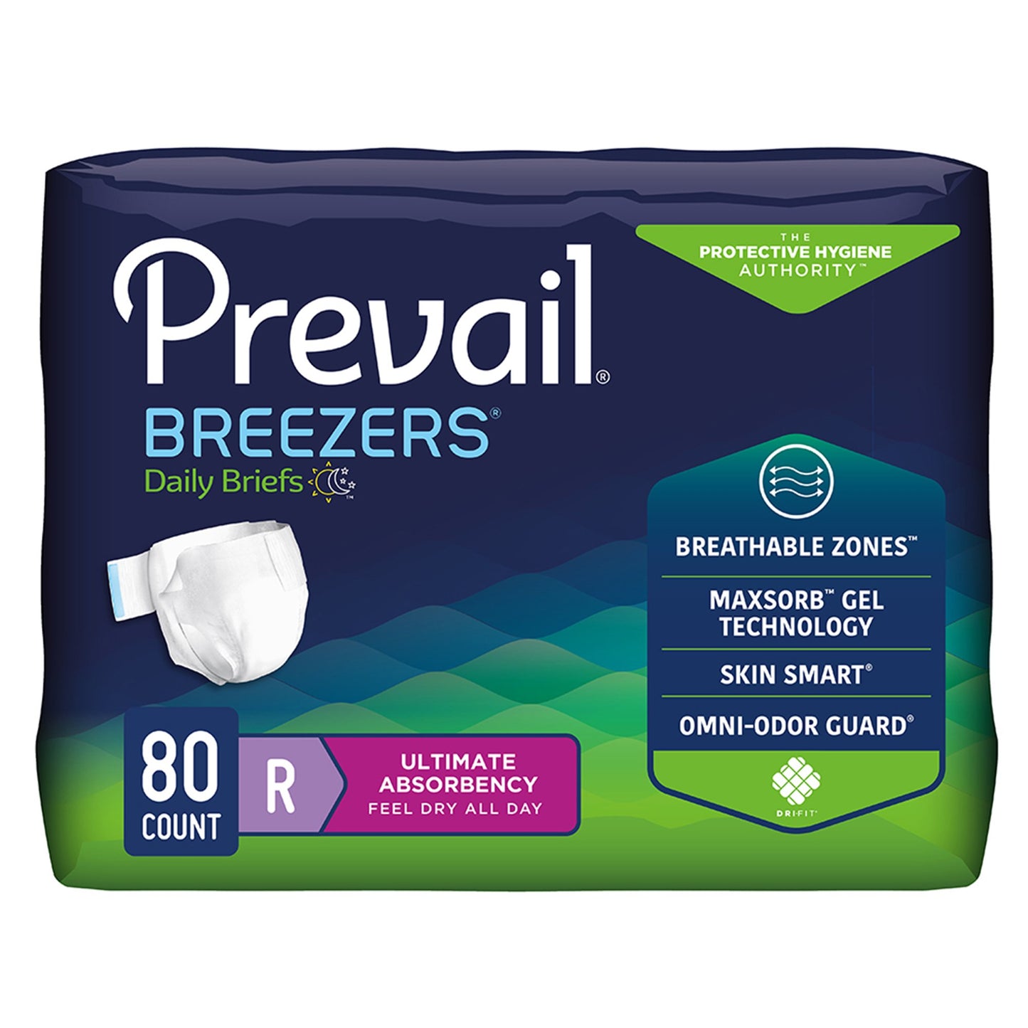 Package of Prevail Breezers daily briefs with features highlighted on a white background