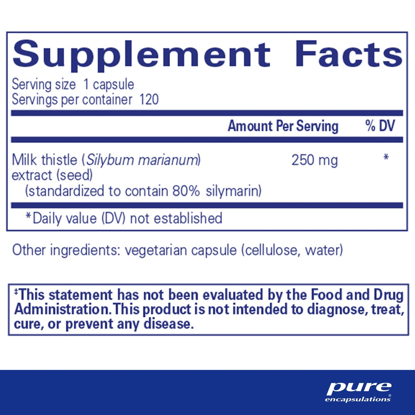 Supplement facts and ingredient information for a bottle of Pure Encapsulations Silymarin dietary supplement