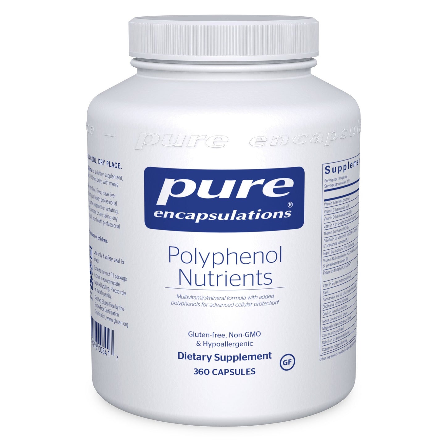 A white bottle of Pure Encapsulations Polyphenol Nutrients with a blue and green label, containing 360 capsules.