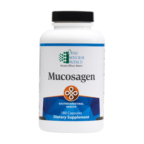 A bottle of Orthomolecular Products Mucosagen dietary supplement with 180 capsules, labeled for gastrointestinal health.