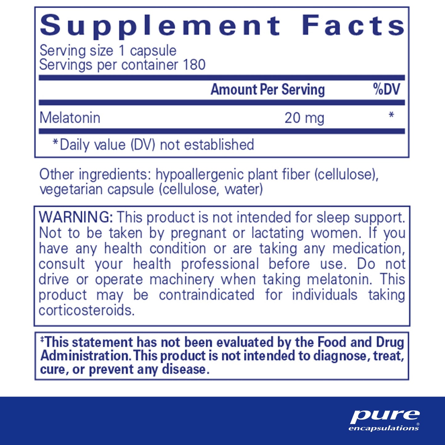 Supplement facts for a bottle of bottle of Pure Encapsulations Melatonin 20 mg dietary supplement