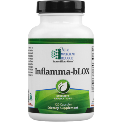 A bottle of Orthomolecular Products Inflamma-bLOX dietary supplement with 120 capsules, labeled for maintaining normal inflammatory balance and supporting immune function.