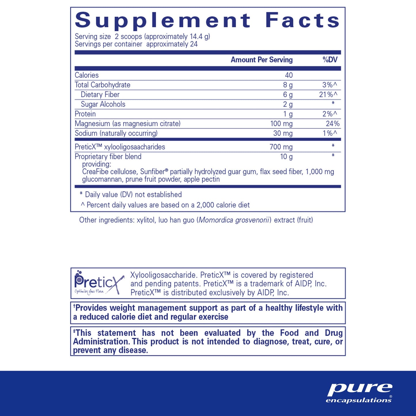 Supplement facts and ingredient information for a container of 'Pure Encapsulations PureLean Fiber