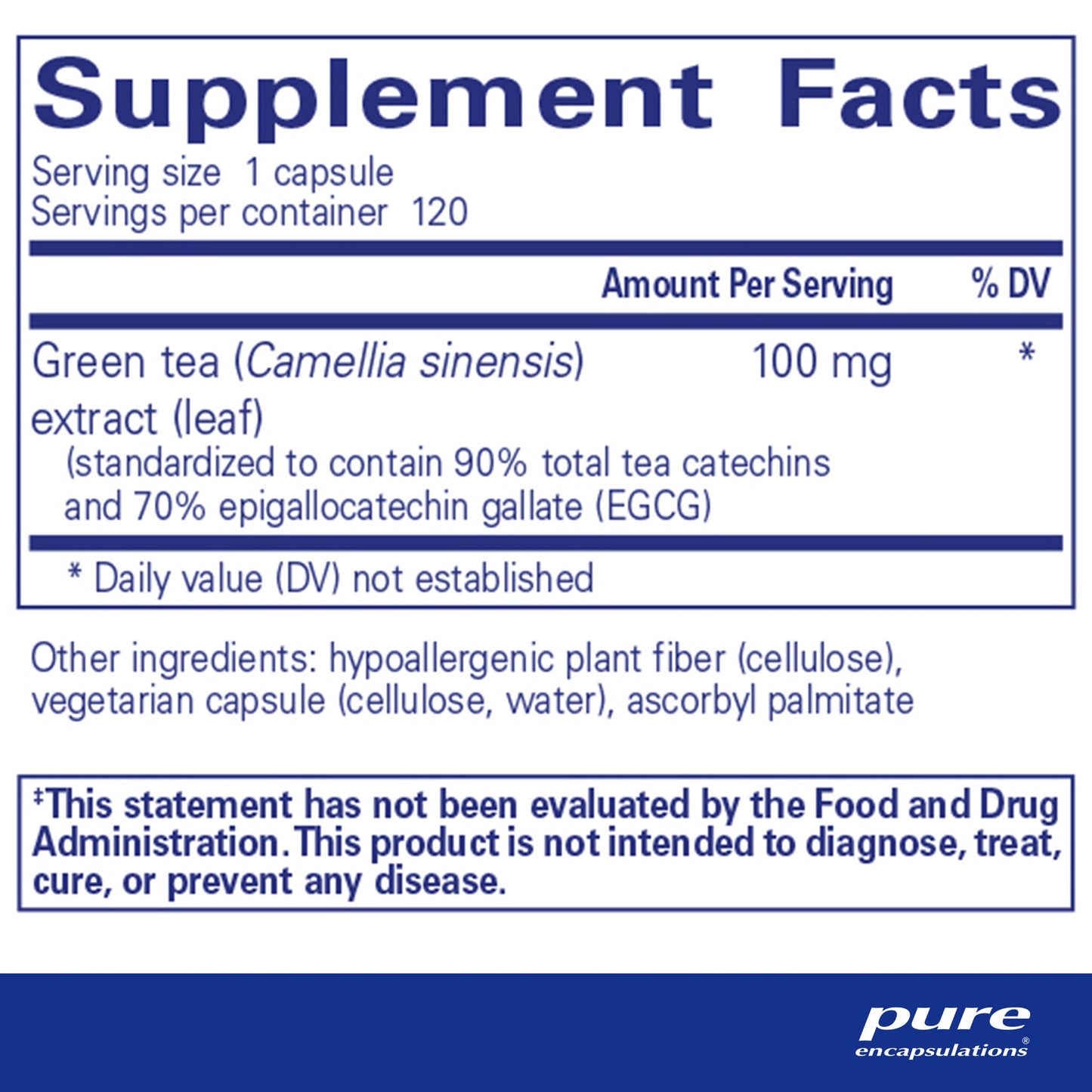 Supplement facts for a bottle of Pure Encapsulations Green Tea Extract dietary supplement
