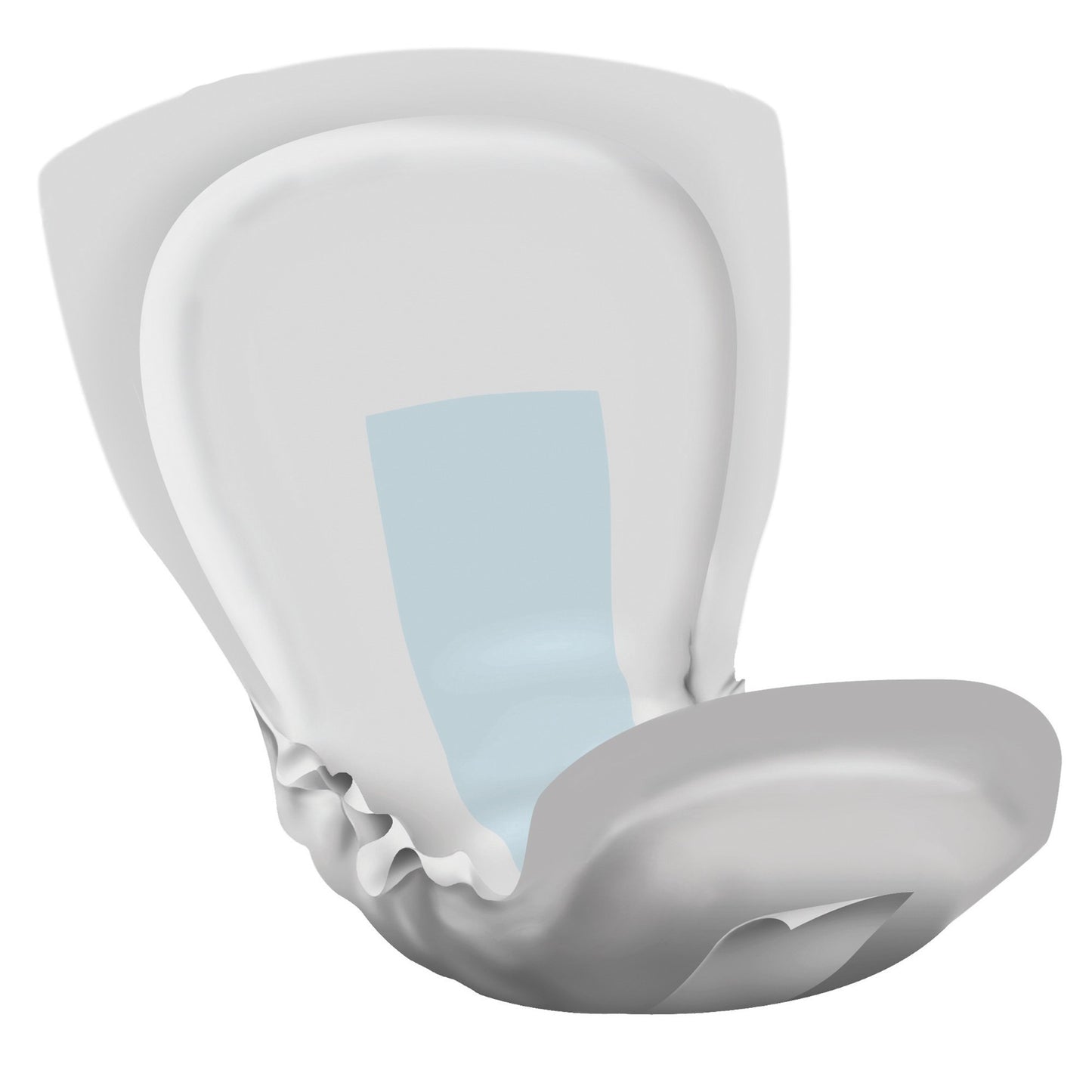 White incontinence pad with a blue absorbent strip,
on a white background