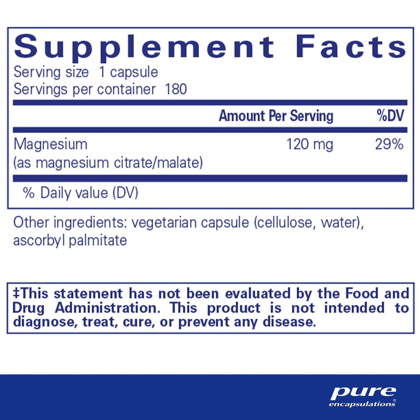 Supplement facts and ingredient information for a bottle of Pure Encapsulations Magnesium (citrate/malate) capsules