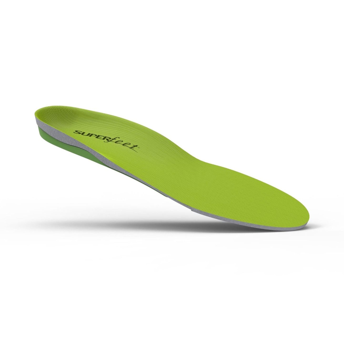 A gray Superfeet insole with a green bottom.