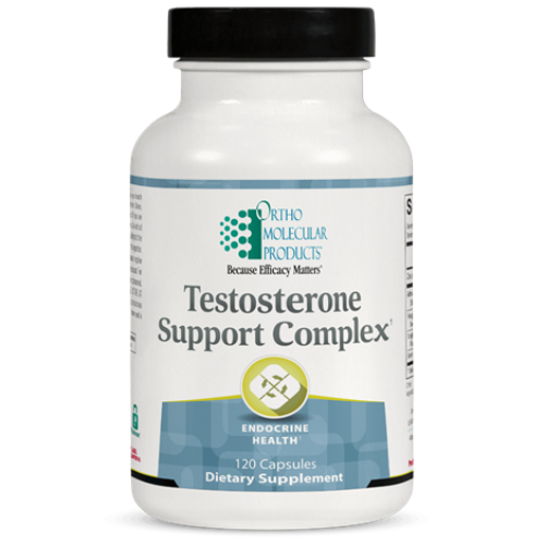 Supplement bottle labeled 'Testosterone Support Complex' by Ortho Molecular Products on a white background.