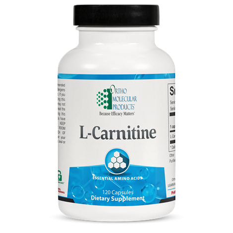 A bottle of Orthomolecular Products L-Carnitine dietary supplement, with the label displaying the product name and the number of capsules inside.