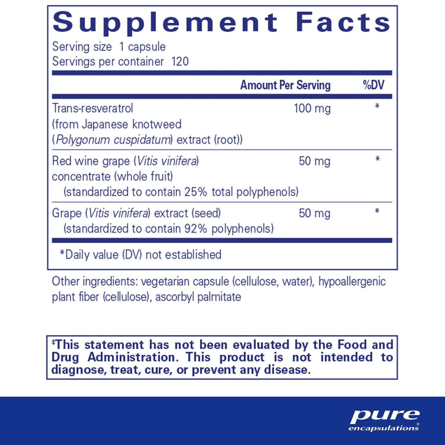 Supplement facts and ingredient information for a bottle of Pure Encapsulations Resveratrol EXTRA dietary supplement