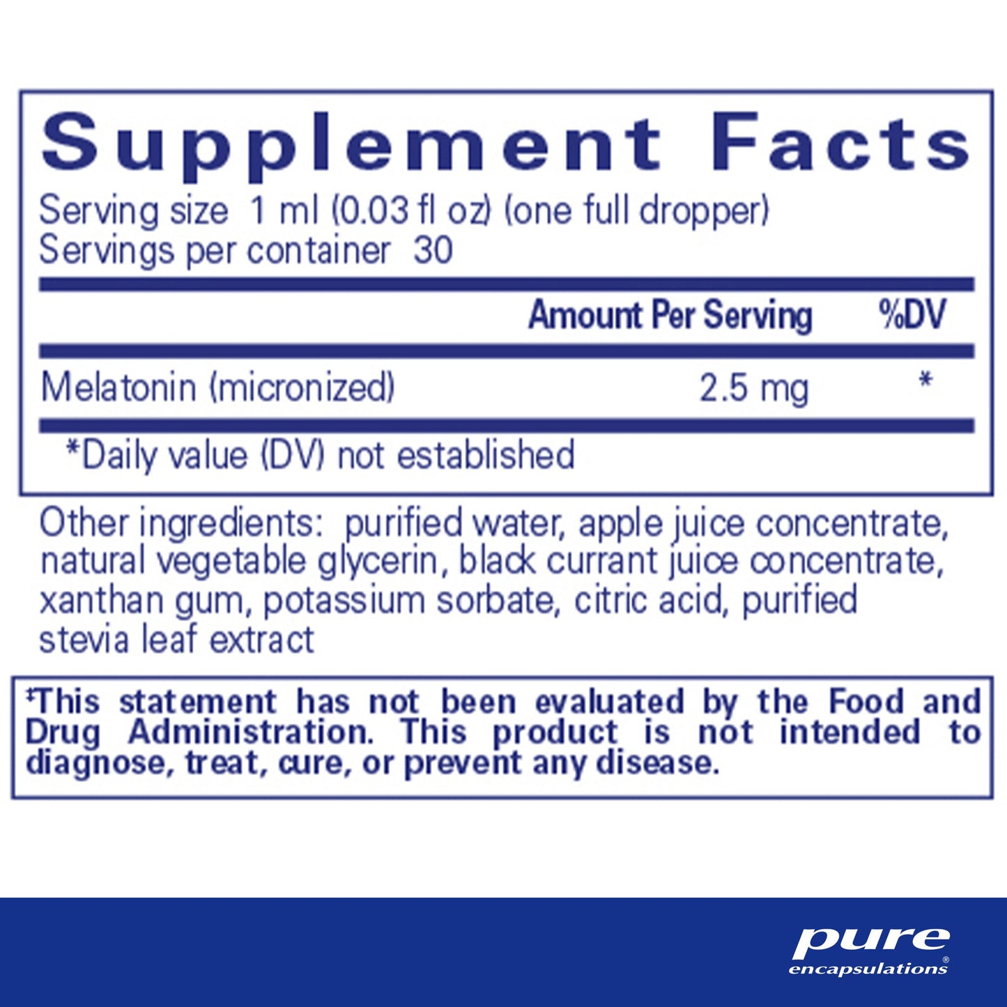 Supplement facts and ingredinet information for a bottle of Pure Encapsulations Melatonin Liquid with a dropper cap