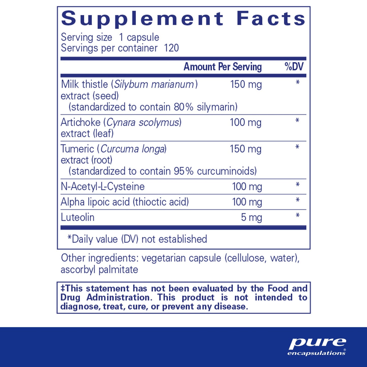 Supplement facts and ingredient information for a bottle of Pure Encapsulations LVR Formula dietary supplement