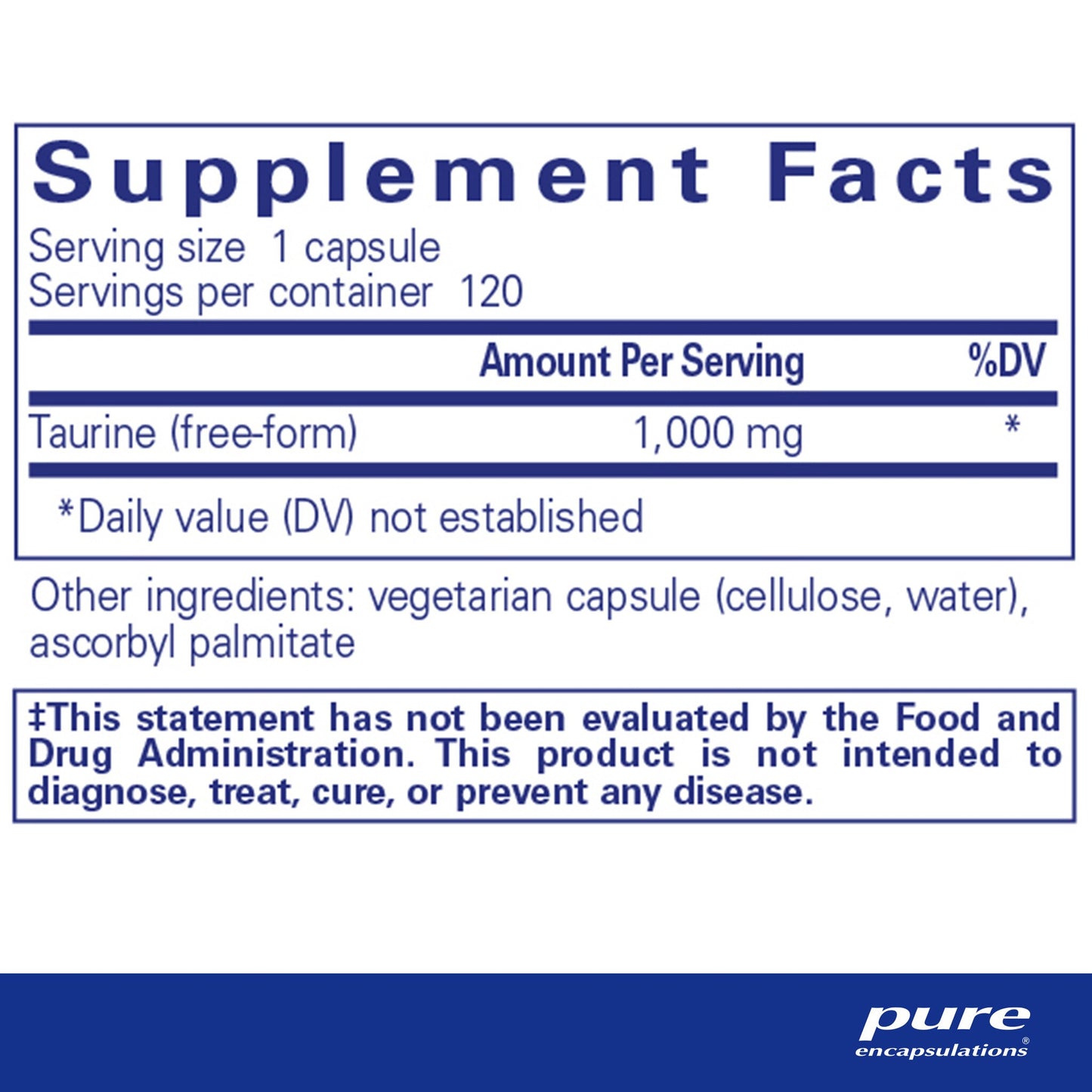 Supplement facts and ingredient information for a bottle of Pure Encapsulations Taurine 1,000 mg dietary supplement
