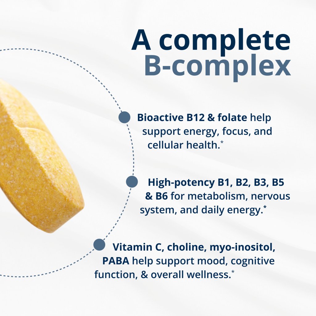 Vitamin supplement with text about B-complex vitamins on a white background