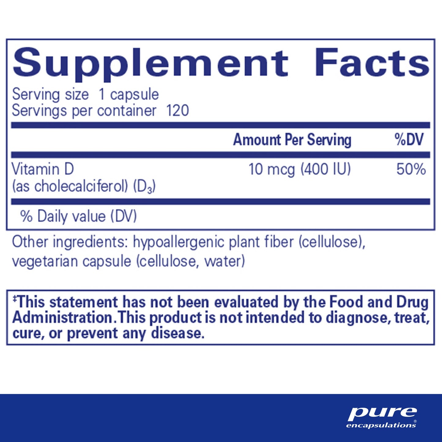 Supplement facts and ingredient information for a bottle of Pure Encapsulations Vitamin D3 supplement