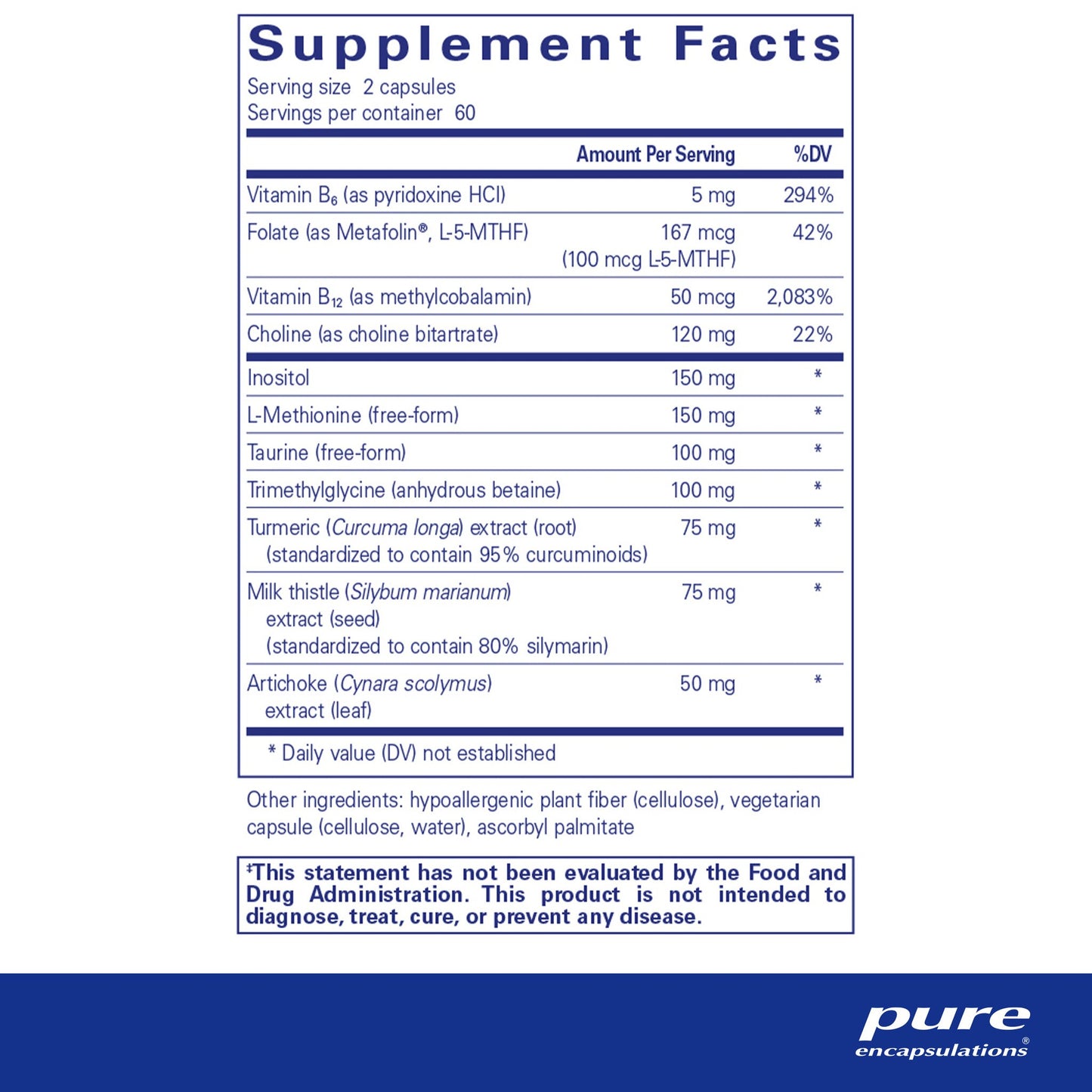 Supplment facts and ingredient information for a bottle of Pure Encapsulations Lipotropic Detox dietary supplement