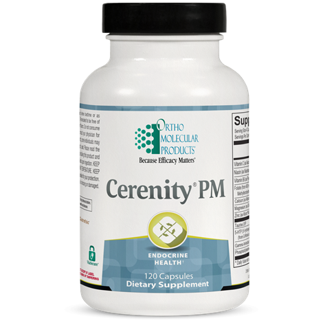 A bottle of OrthoMolecular Products Cerenity PM dietary supplement with 120 capsules, labeled for endocrine health and sleep support.